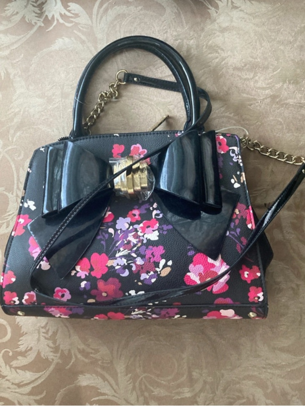 Betsey Johnson Black Floral Satchel with Glossy Bow